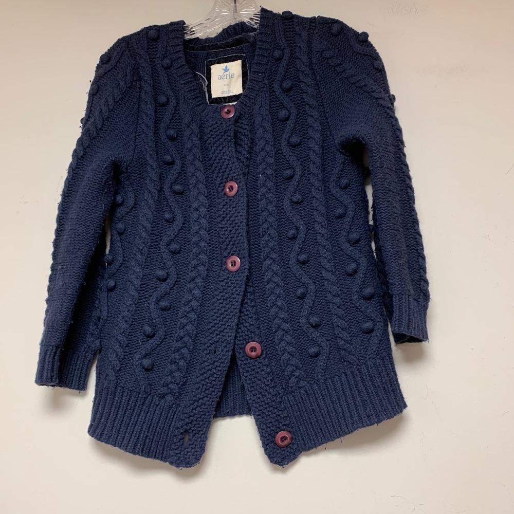 Aerie Cardigan Womens M Navy Blue Good Cable Knit Popcorn Bobble Wool Blend Swea